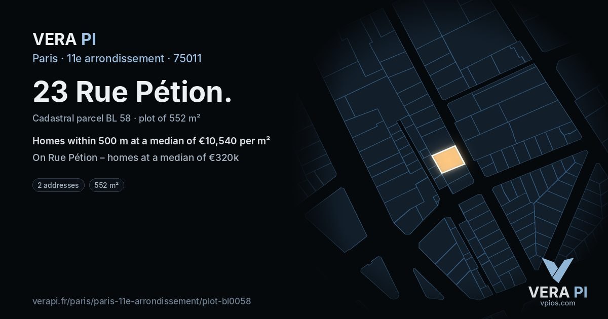 23 Rue Pétion, 11e arrondissement at night – the plot lit, the parcels around coloured by the prices near them
