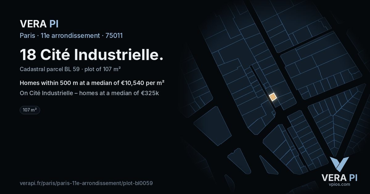 18 Cité Industrielle, 11e arrondissement at night – the plot lit, the parcels around coloured by the prices near them
