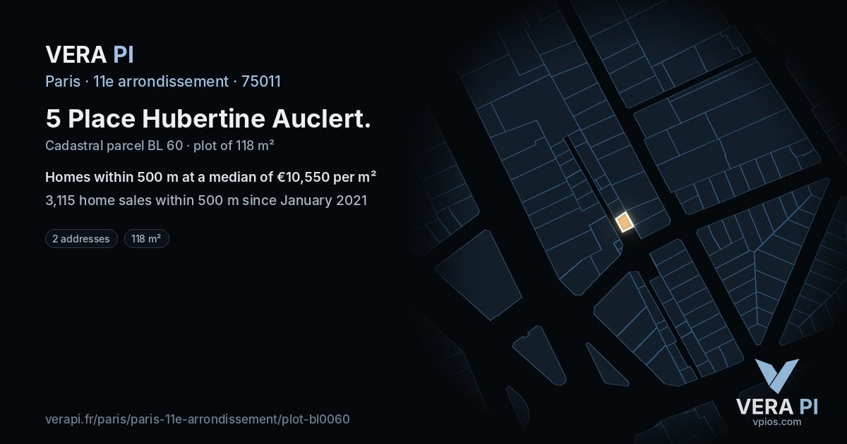 5 Place Hubertine Auclert, 11e arrondissement at night – the plot lit, the parcels around coloured by the prices near them