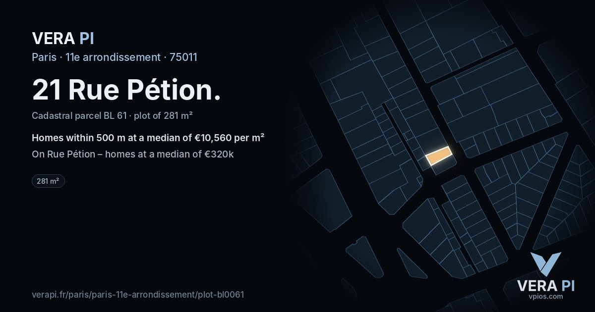 21 Rue Pétion, 11e arrondissement at night – the plot lit, the parcels around coloured by the prices near them