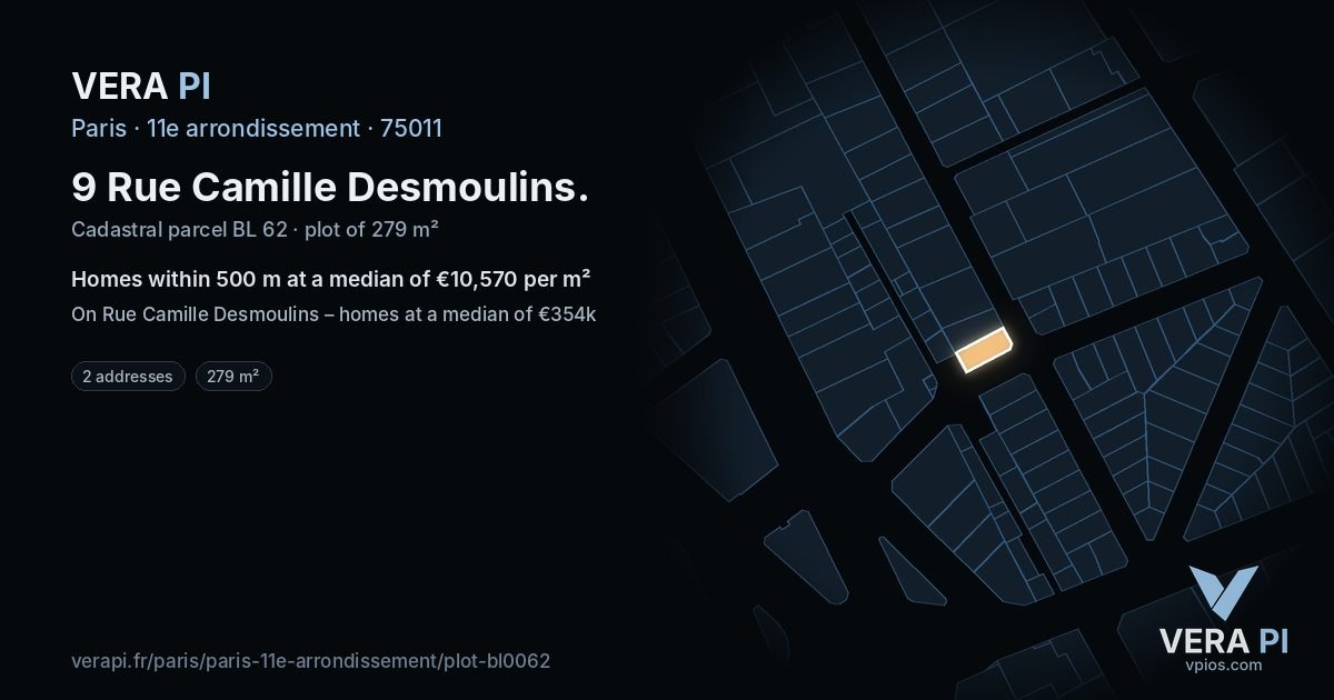 9 Rue Camille Desmoulins, 11e arrondissement at night – the plot lit, the parcels around coloured by the prices near them