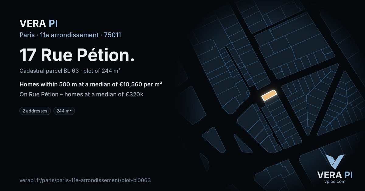 17 Rue Pétion, 11e arrondissement at night – the plot lit, the parcels around coloured by the prices near them