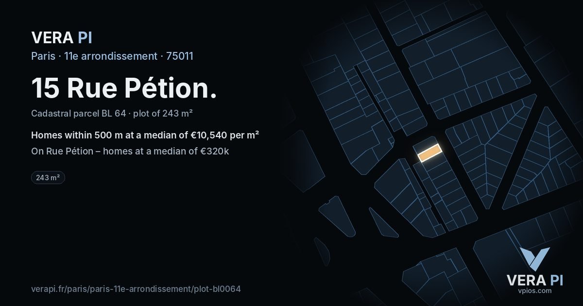 15 Rue Pétion, 11e arrondissement at night – the plot lit, the parcels around coloured by the prices near them