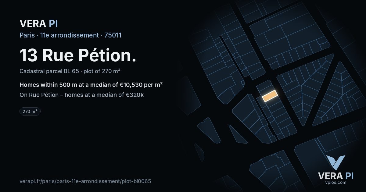 13 Rue Pétion, 11e arrondissement at night – the plot lit, the parcels around coloured by the prices near them