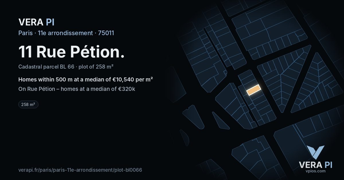11 Rue Pétion, 11e arrondissement at night – the plot lit, the parcels around coloured by the prices near them