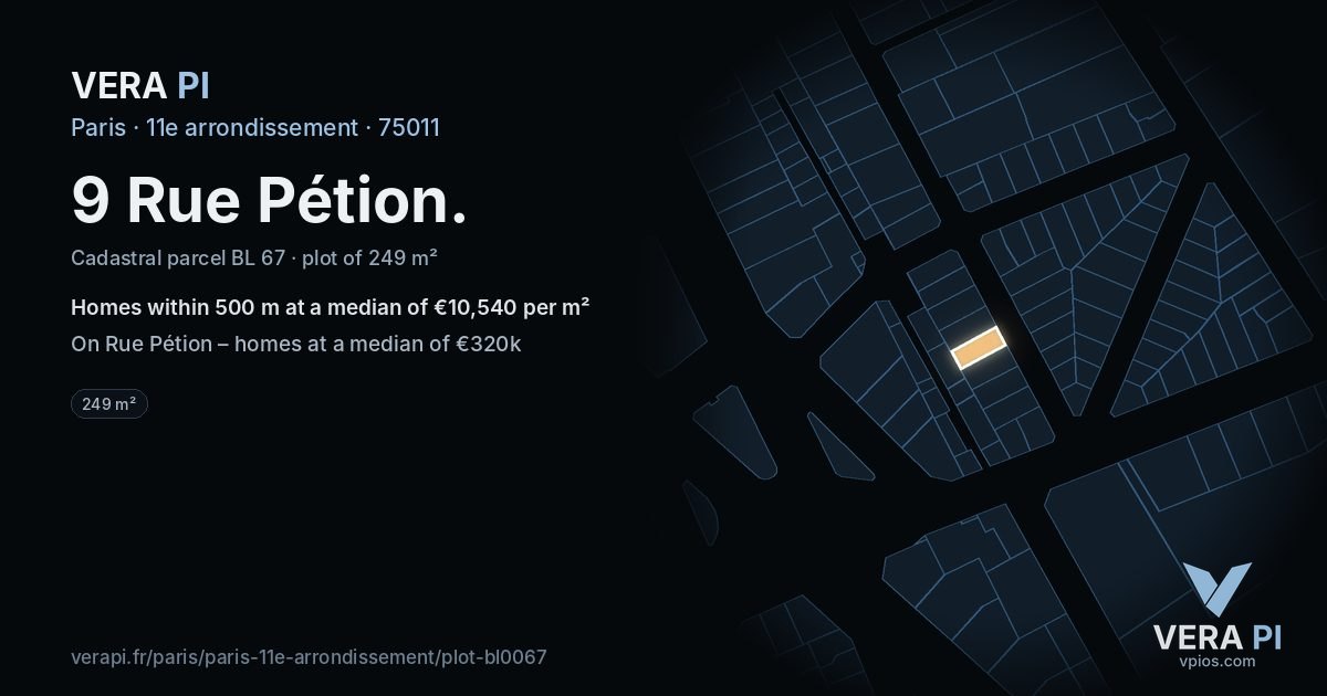 9 Rue Pétion, 11e arrondissement at night – the plot lit, the parcels around coloured by the prices near them