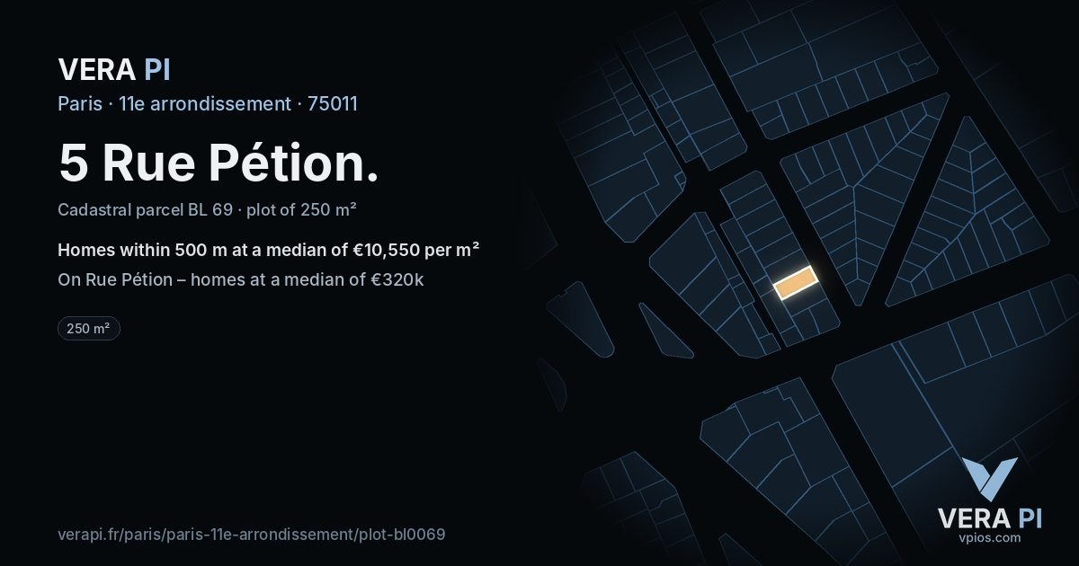 5 Rue Pétion, 11e arrondissement at night – the plot lit, the parcels around coloured by the prices near them