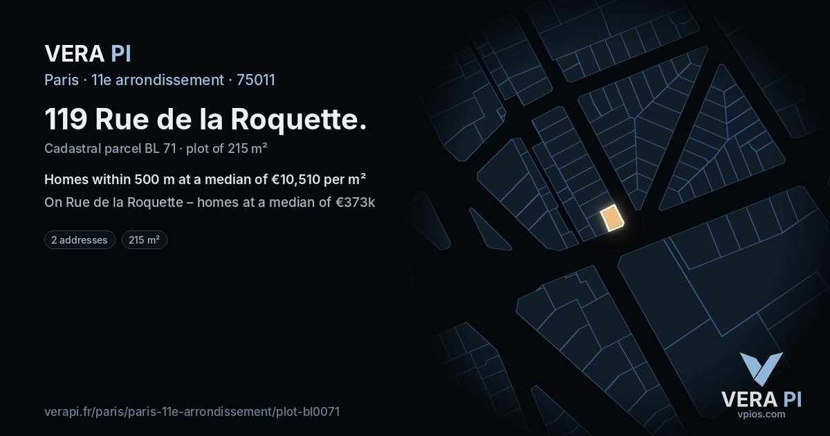 119 Rue de la Roquette, 11e arrondissement at night – the plot lit, the parcels around coloured by the prices near them