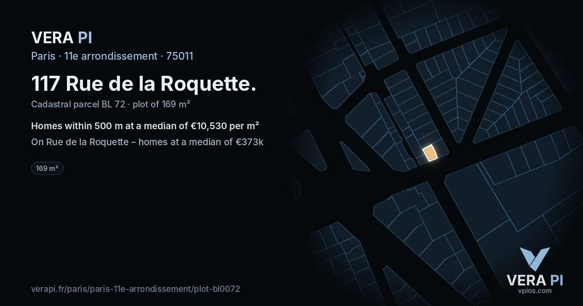 117 Rue de la Roquette, 11e arrondissement at night – the plot lit, the parcels around coloured by the prices near them