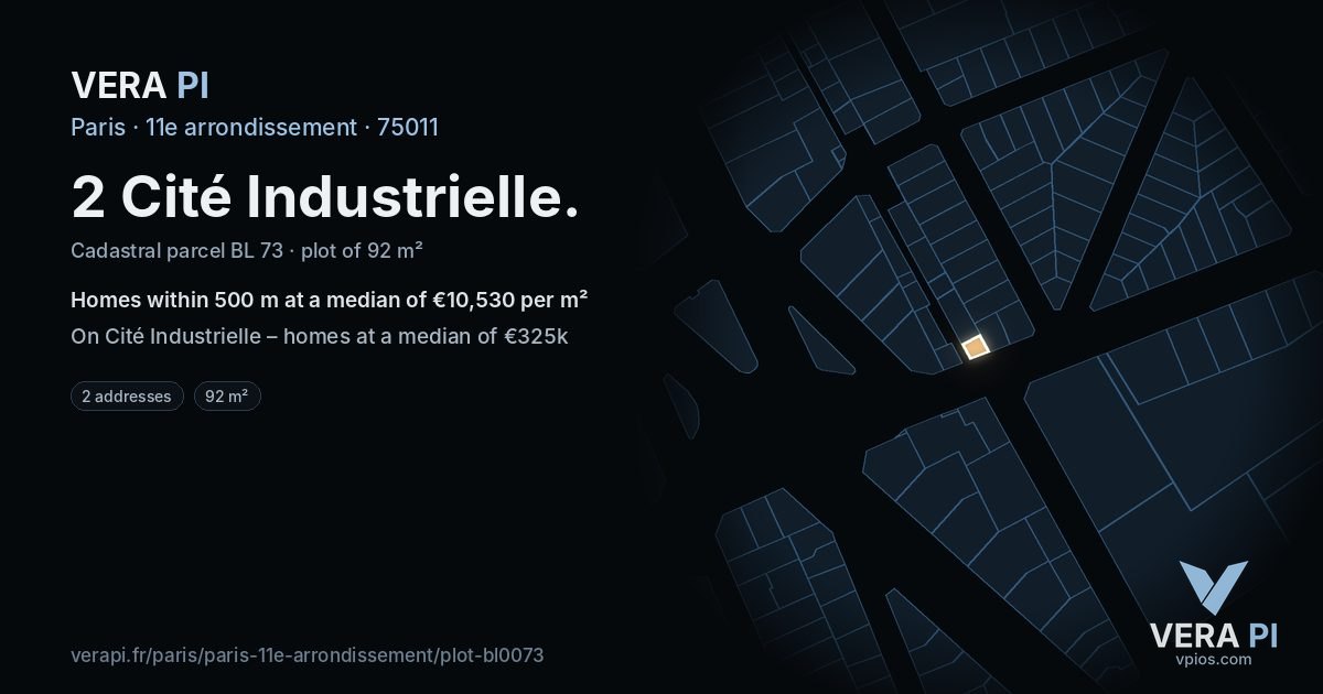 2 Cité Industrielle, 11e arrondissement at night – the plot lit, the parcels around coloured by the prices near them