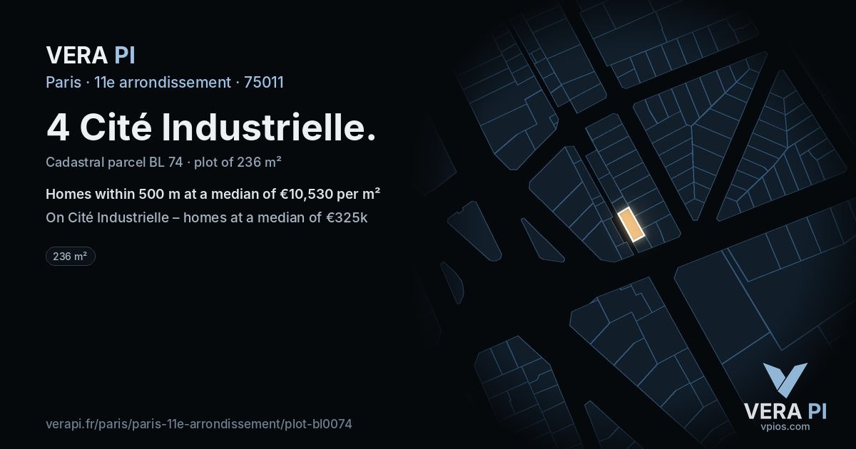4 Cité Industrielle, 11e arrondissement at night – the plot lit, the parcels around coloured by the prices near them