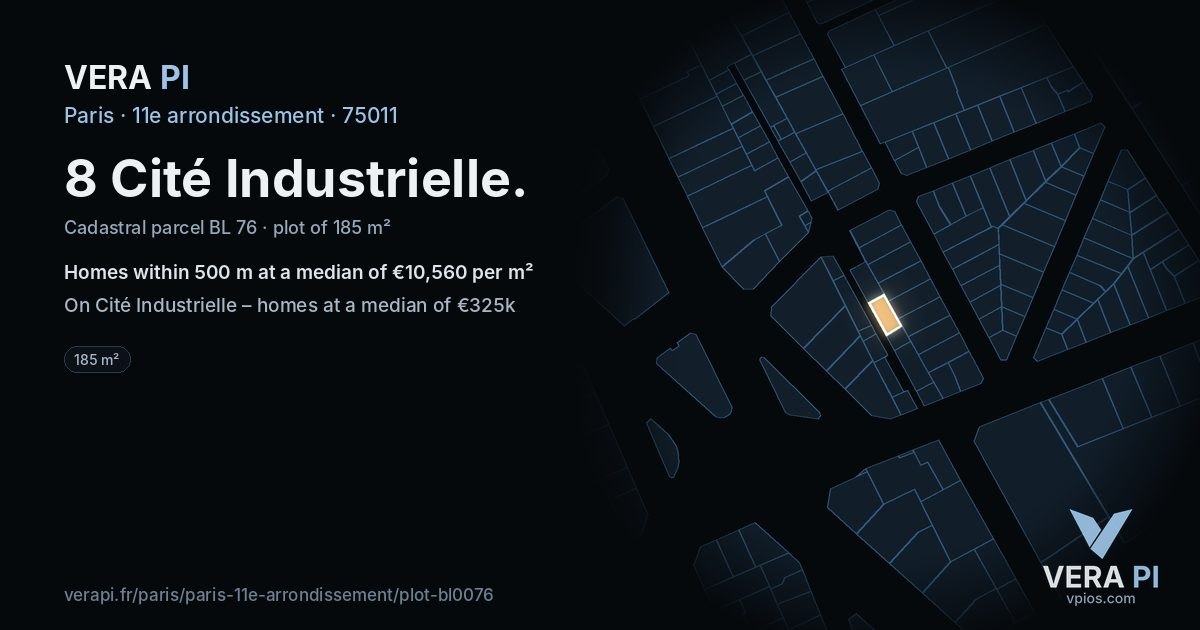 8 Cité Industrielle, 11e arrondissement at night – the plot lit, the parcels around coloured by the prices near them