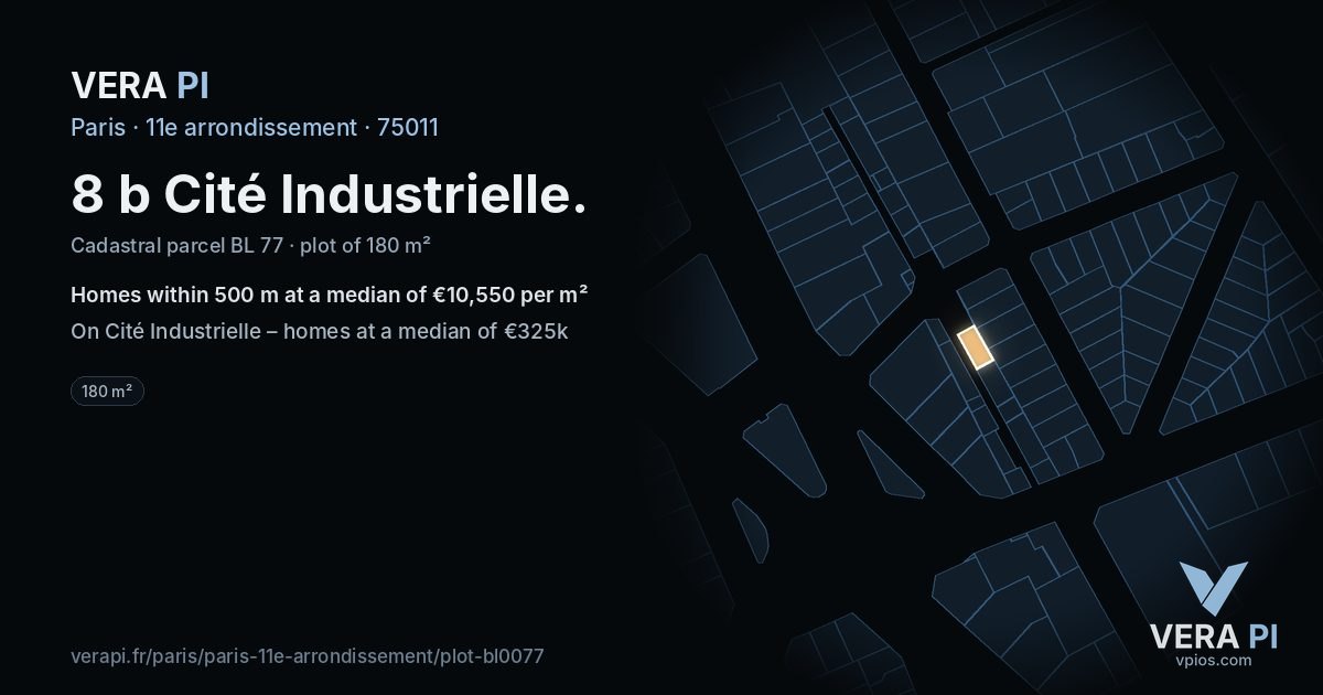 8 b Cité Industrielle, 11e arrondissement at night – the plot lit, the parcels around coloured by the prices near them