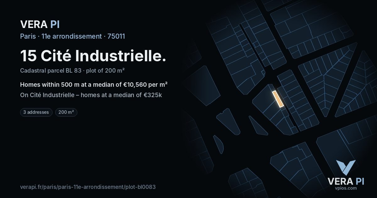 15 Cité Industrielle, 11e arrondissement at night – the plot lit, the parcels around coloured by the prices near them
