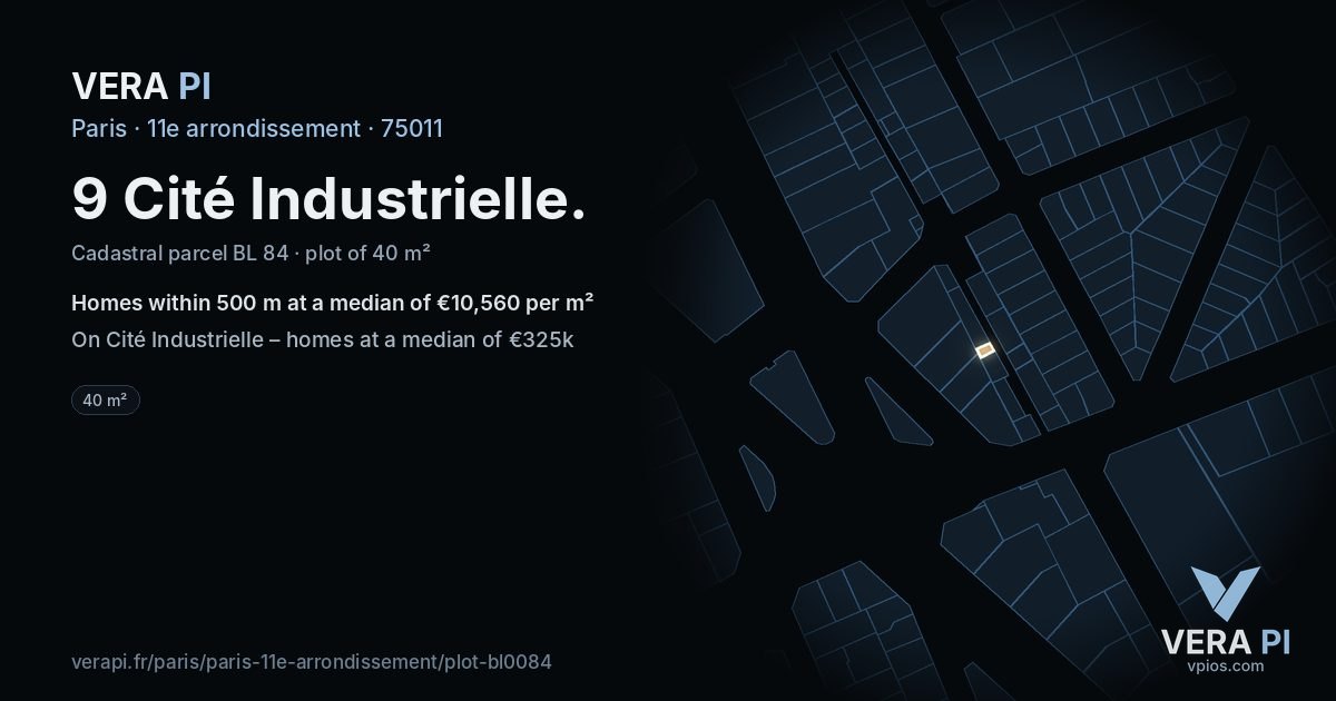 9 Cité Industrielle, 11e arrondissement at night – the plot lit, the parcels around coloured by the prices near them