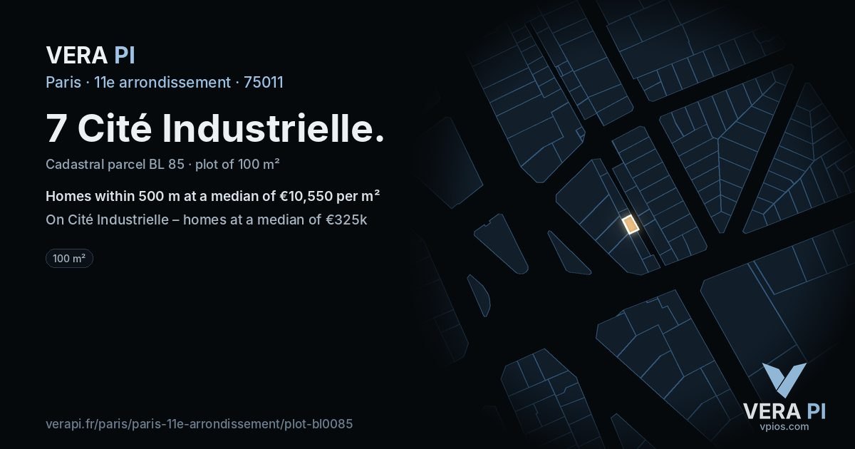 7 Cité Industrielle, 11e arrondissement at night – the plot lit, the parcels around coloured by the prices near them
