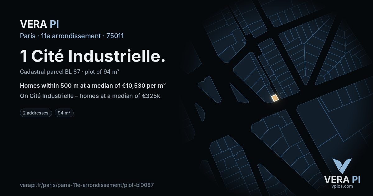 1 Cité Industrielle, 11e arrondissement at night – the plot lit, the parcels around coloured by the prices near them