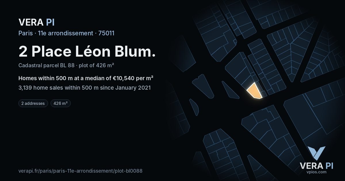 2 Place Léon Blum, 11e arrondissement at night – the plot lit, the parcels around coloured by the prices near them