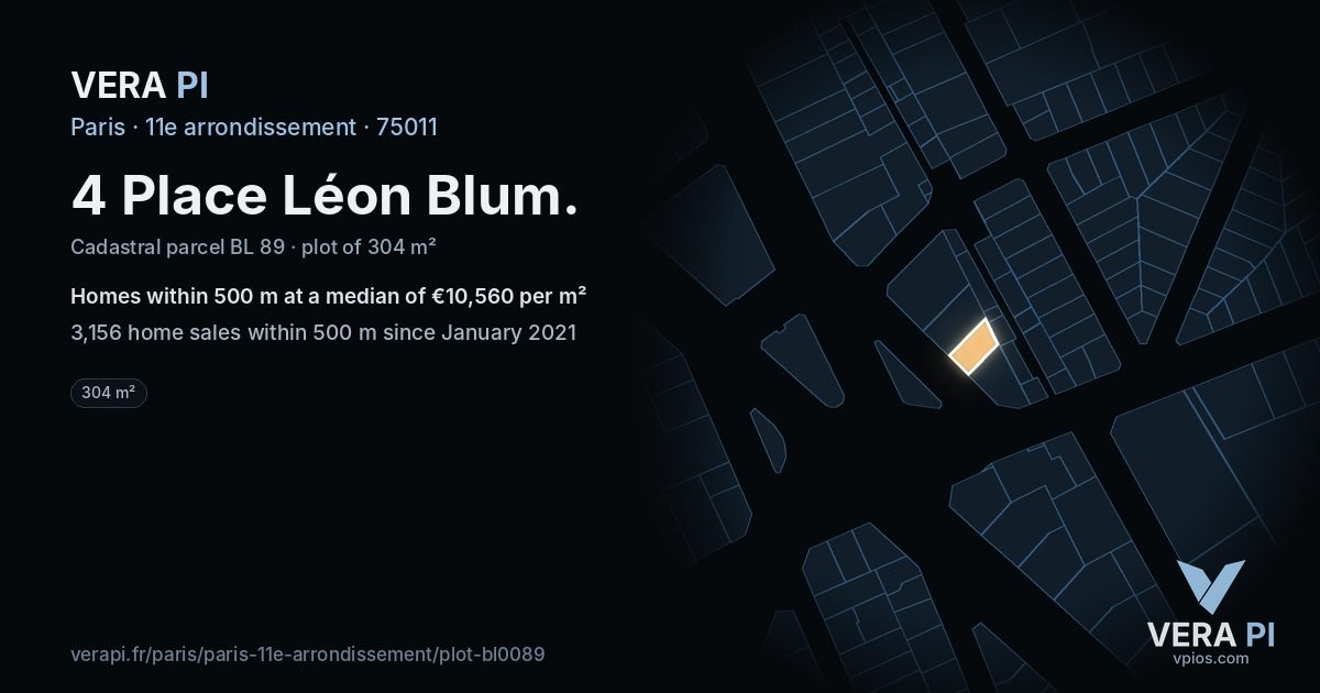 4 Place Léon Blum, 11e arrondissement at night – the plot lit, the parcels around coloured by the prices near them