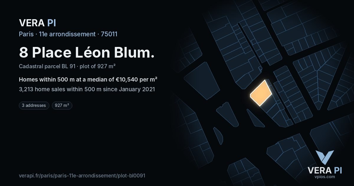 8 Place Léon Blum, 11e arrondissement at night – the plot lit, the parcels around coloured by the prices near them