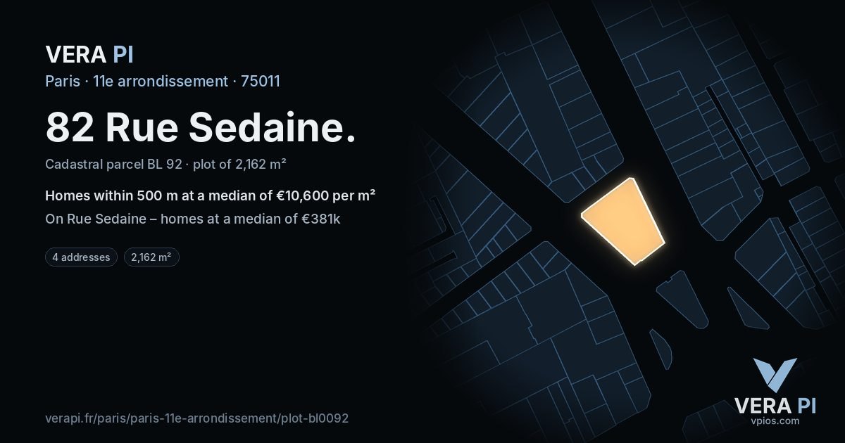 82 Rue Sedaine, 11e arrondissement at night – the plot lit, the parcels around coloured by the prices near them