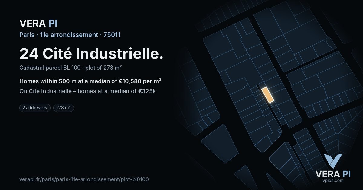 24 Cité Industrielle, 11e arrondissement at night – the plot lit, the parcels around coloured by the prices near them