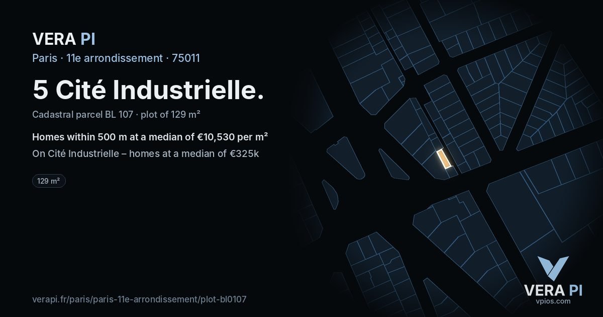 5 Cité Industrielle, 11e arrondissement at night – the plot lit, the parcels around coloured by the prices near them