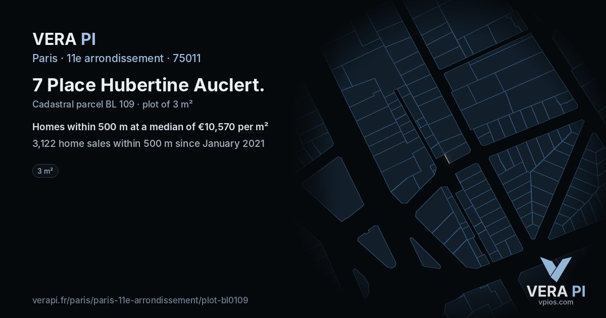 7 Place Hubertine Auclert, 11e arrondissement at night – the plot lit, the parcels around coloured by the prices near them