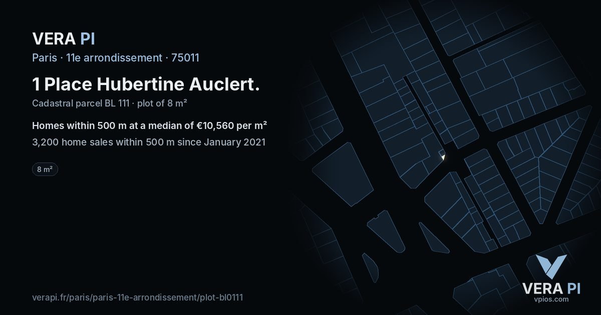 1 Place Hubertine Auclert, 11e arrondissement at night – the plot lit, the parcels around coloured by the prices near them