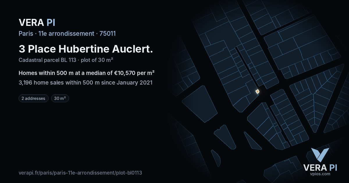 3 Place Hubertine Auclert, 11e arrondissement at night – the plot lit, the parcels around coloured by the prices near them