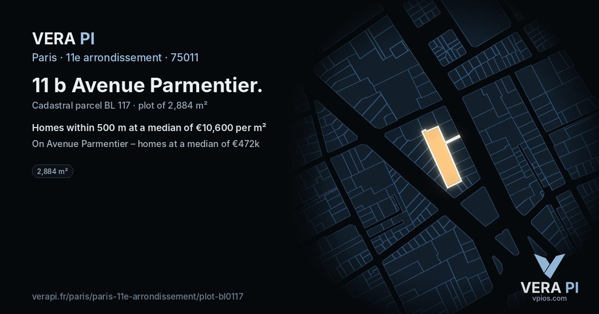 11 b Avenue Parmentier, 11e arrondissement at night – the plot lit, the parcels around coloured by the prices near them