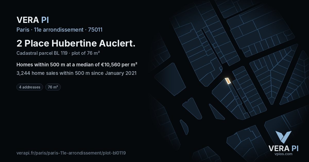 2 Place Hubertine Auclert, 11e arrondissement at night – the plot lit, the parcels around coloured by the prices near them