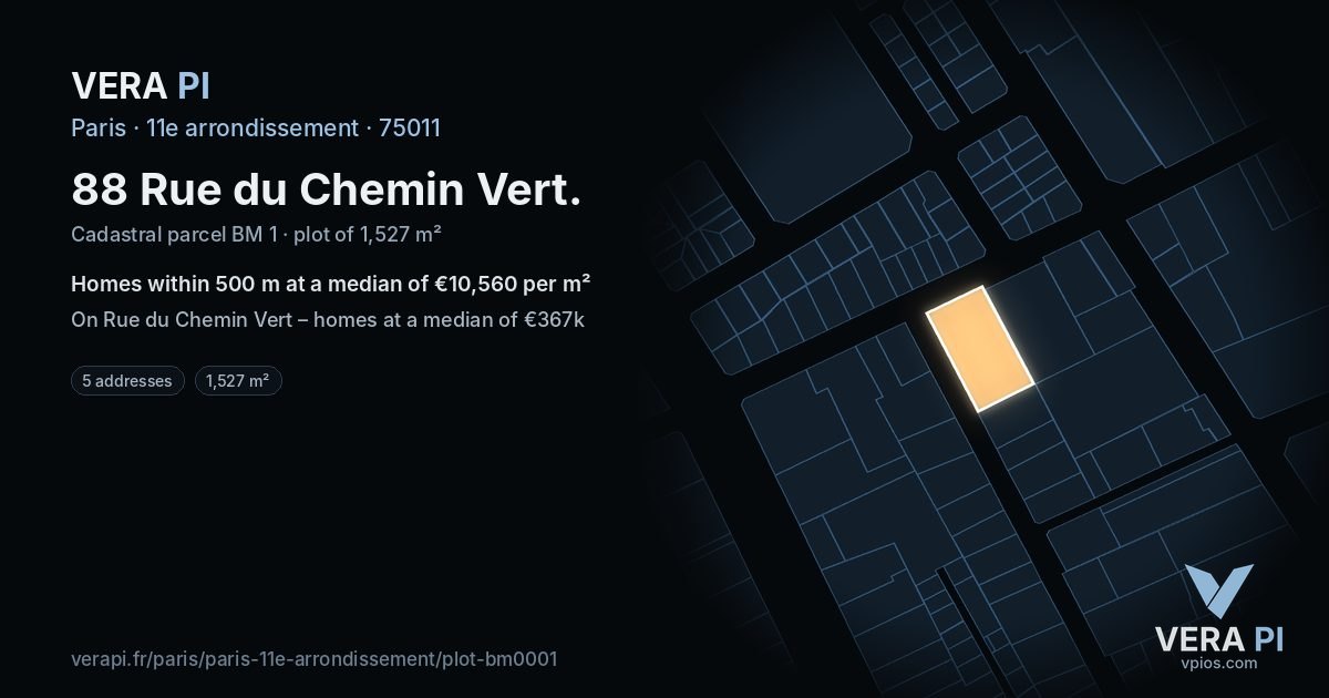 88 Rue du Chemin Vert, 11e arrondissement at night – the plot lit, the parcels around coloured by the prices near them