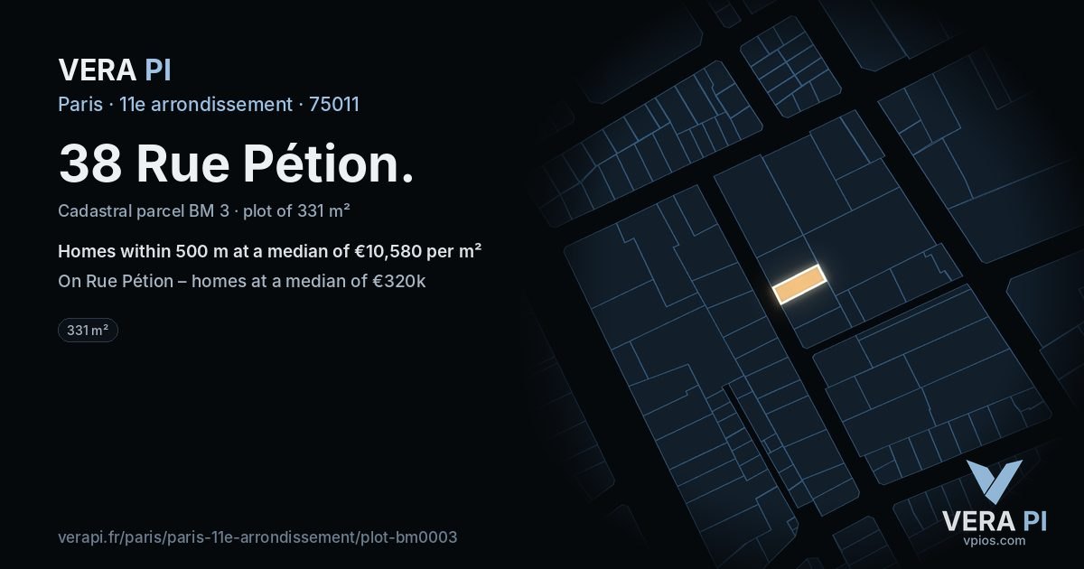 38 Rue Pétion, 11e arrondissement at night – the plot lit, the parcels around coloured by the prices near them
