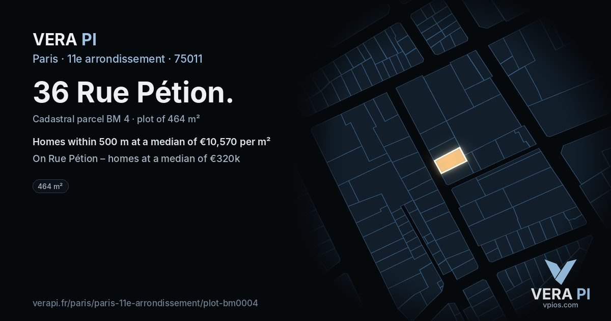36 Rue Pétion, 11e arrondissement at night – the plot lit, the parcels around coloured by the prices near them