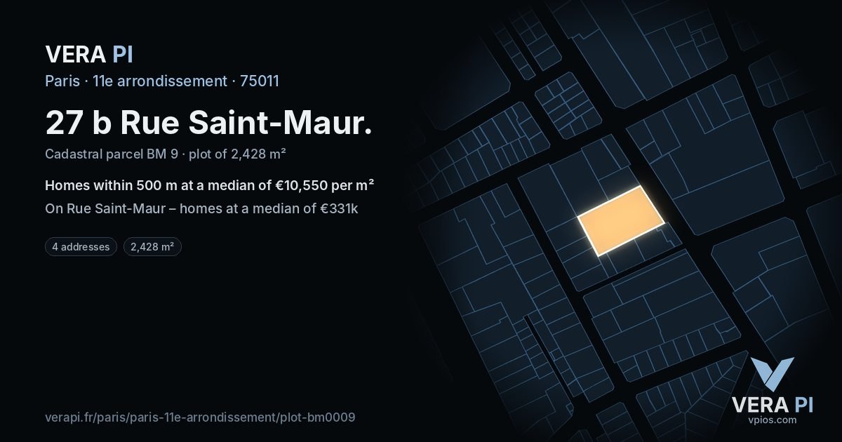 27 b Rue Saint-Maur, 11e arrondissement at night – the plot lit, the parcels around coloured by the prices near them