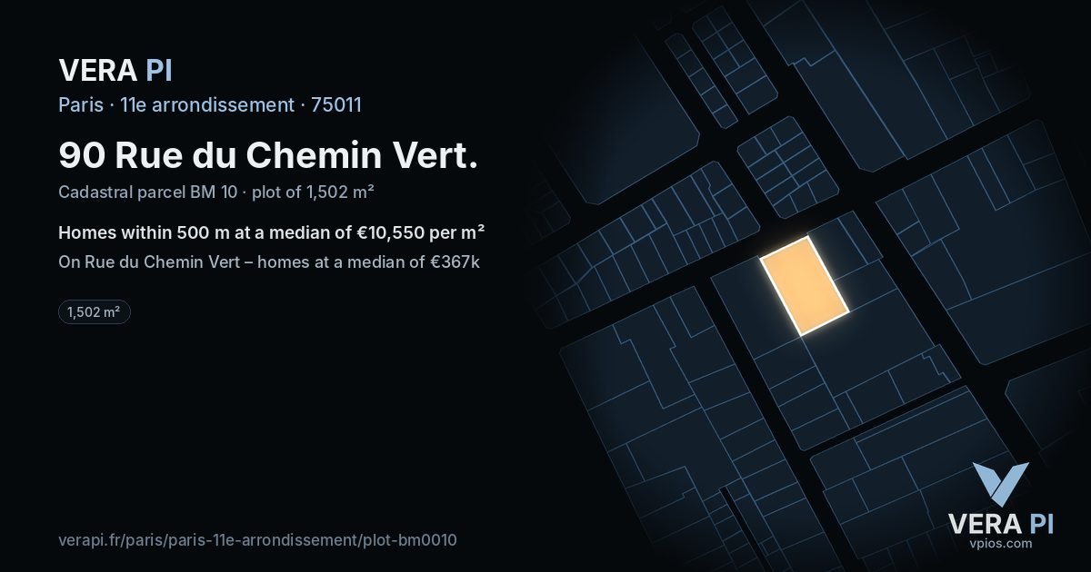 90 Rue du Chemin Vert, 11e arrondissement at night – the plot lit, the parcels around coloured by the prices near them