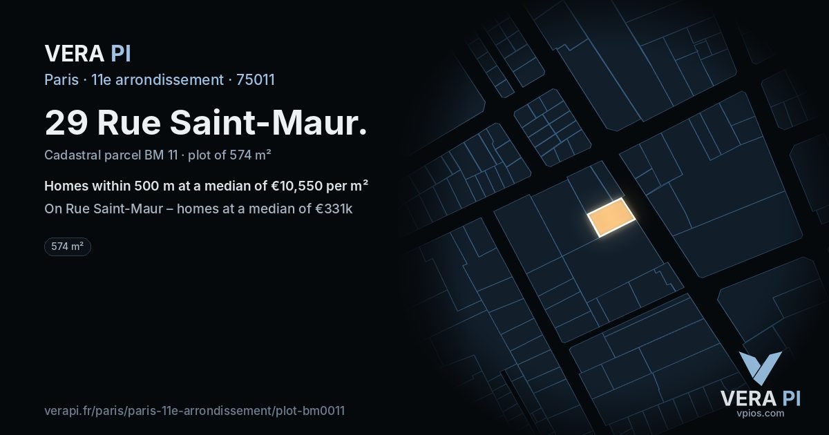 29 Rue Saint-Maur, 11e arrondissement at night – the plot lit, the parcels around coloured by the prices near them