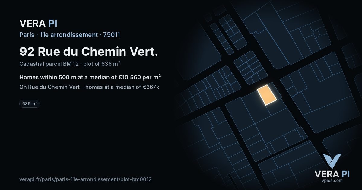 92 Rue du Chemin Vert, 11e arrondissement at night – the plot lit, the parcels around coloured by the prices near them