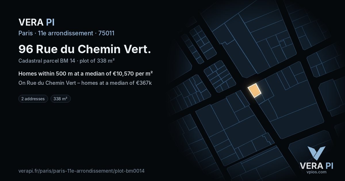 96 Rue du Chemin Vert, 11e arrondissement at night – the plot lit, the parcels around coloured by the prices near them