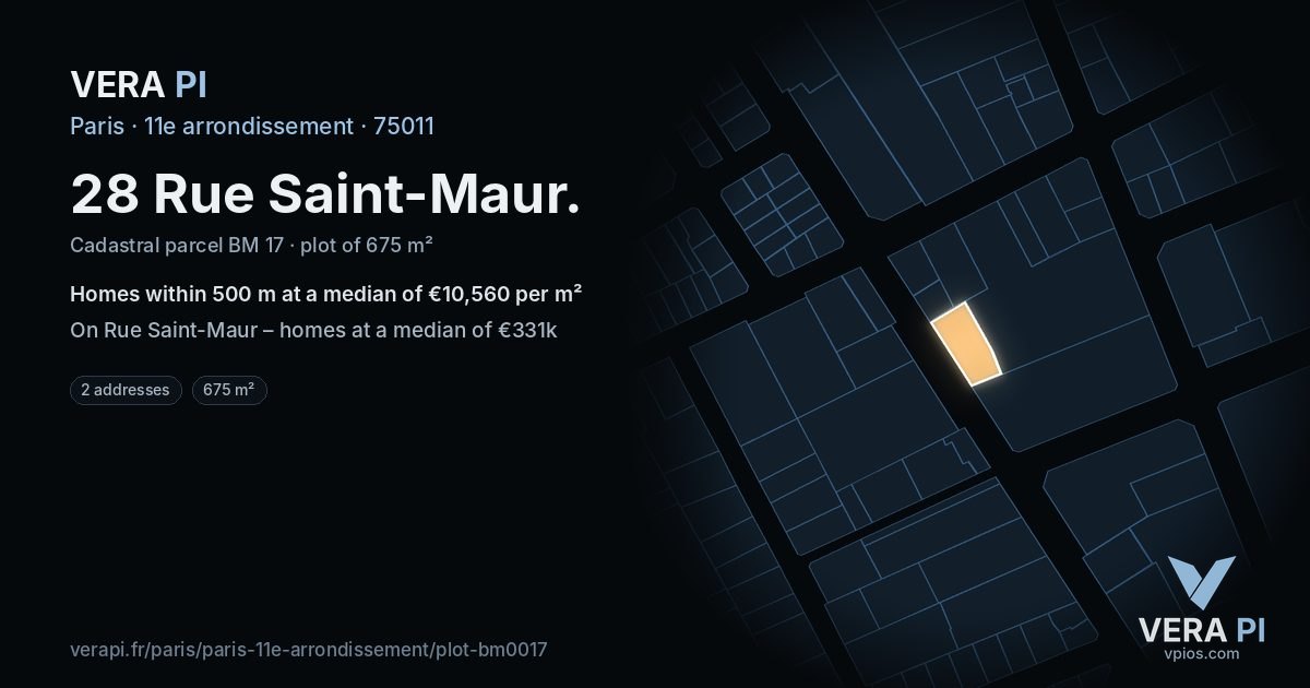 28 Rue Saint-Maur, 11e arrondissement at night – the plot lit, the parcels around coloured by the prices near them