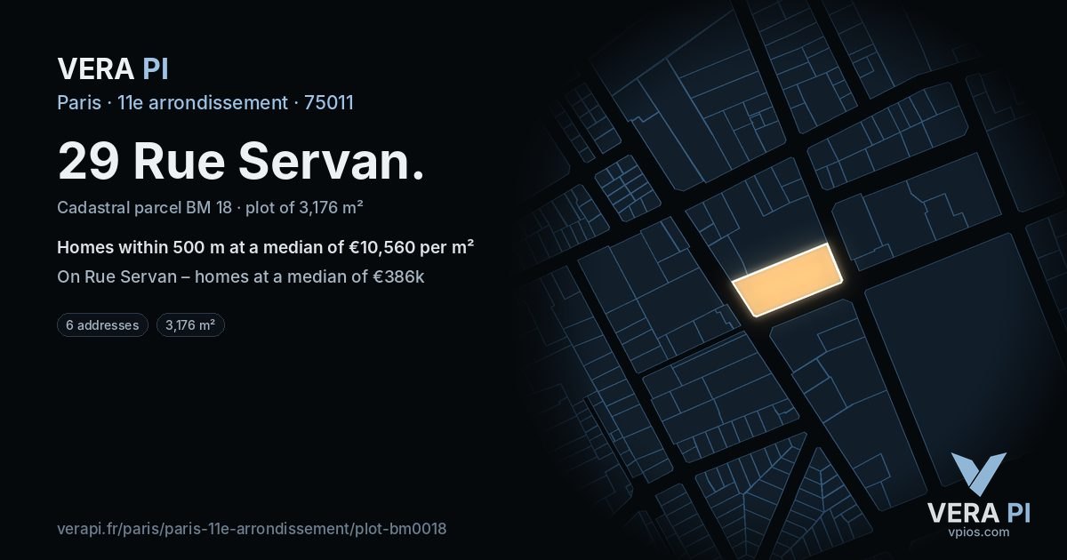 29 Rue Servan, 11e arrondissement at night – the plot lit, the parcels around coloured by the prices near them
