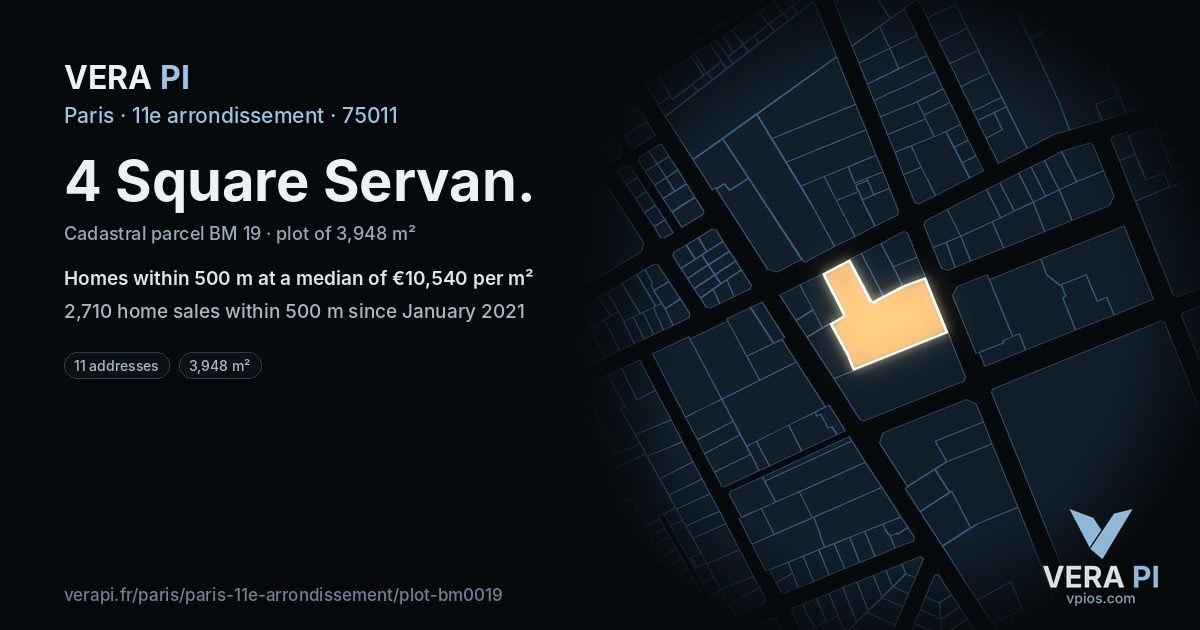 4 Square Servan, 11e arrondissement at night – the plot lit, the parcels around coloured by the prices near them