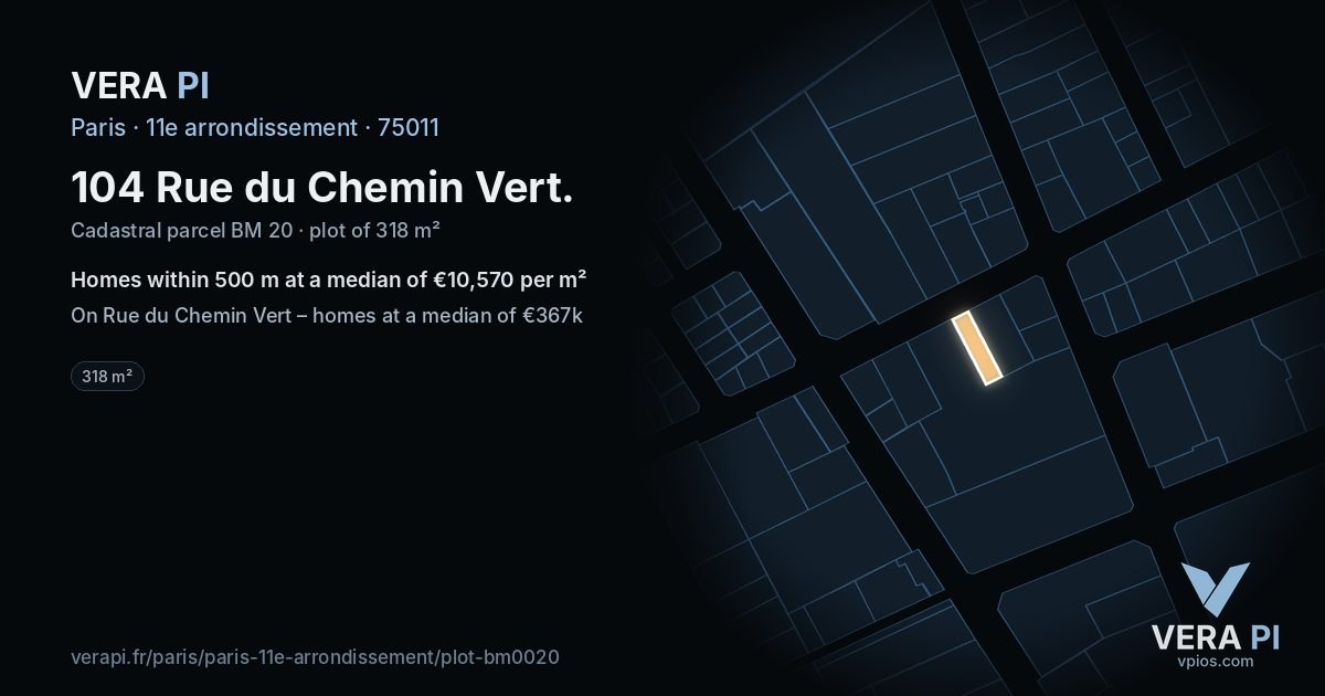 104 Rue du Chemin Vert, 11e arrondissement at night – the plot lit, the parcels around coloured by the prices near them