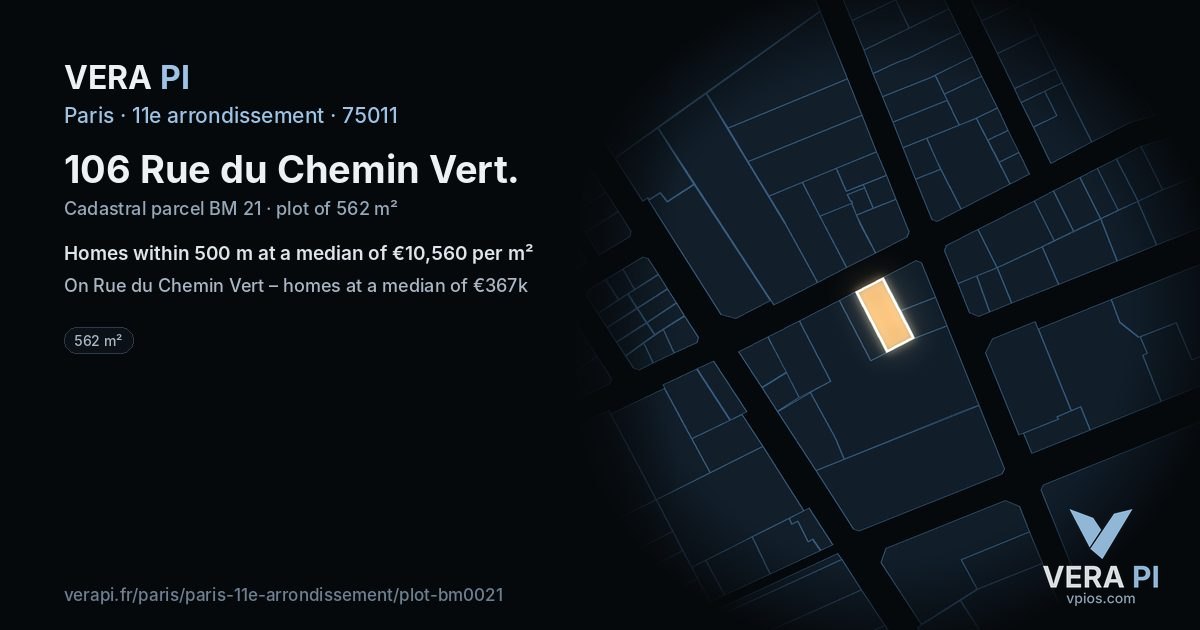 106 Rue du Chemin Vert, 11e arrondissement at night – the plot lit, the parcels around coloured by the prices near them