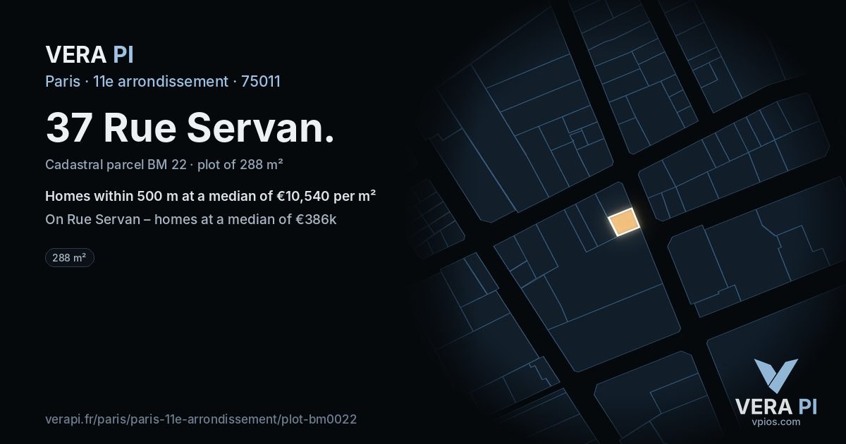 37 Rue Servan, 11e arrondissement at night – the plot lit, the parcels around coloured by the prices near them