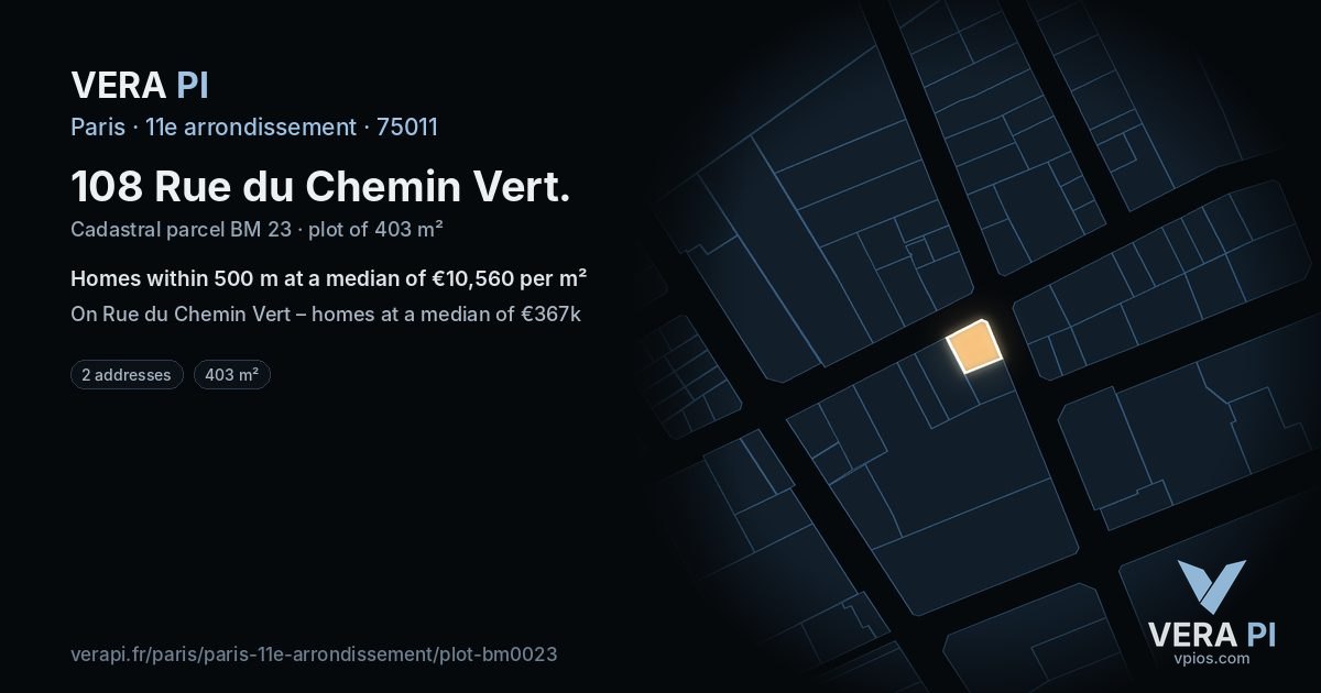 108 Rue du Chemin Vert, 11e arrondissement at night – the plot lit, the parcels around coloured by the prices near them