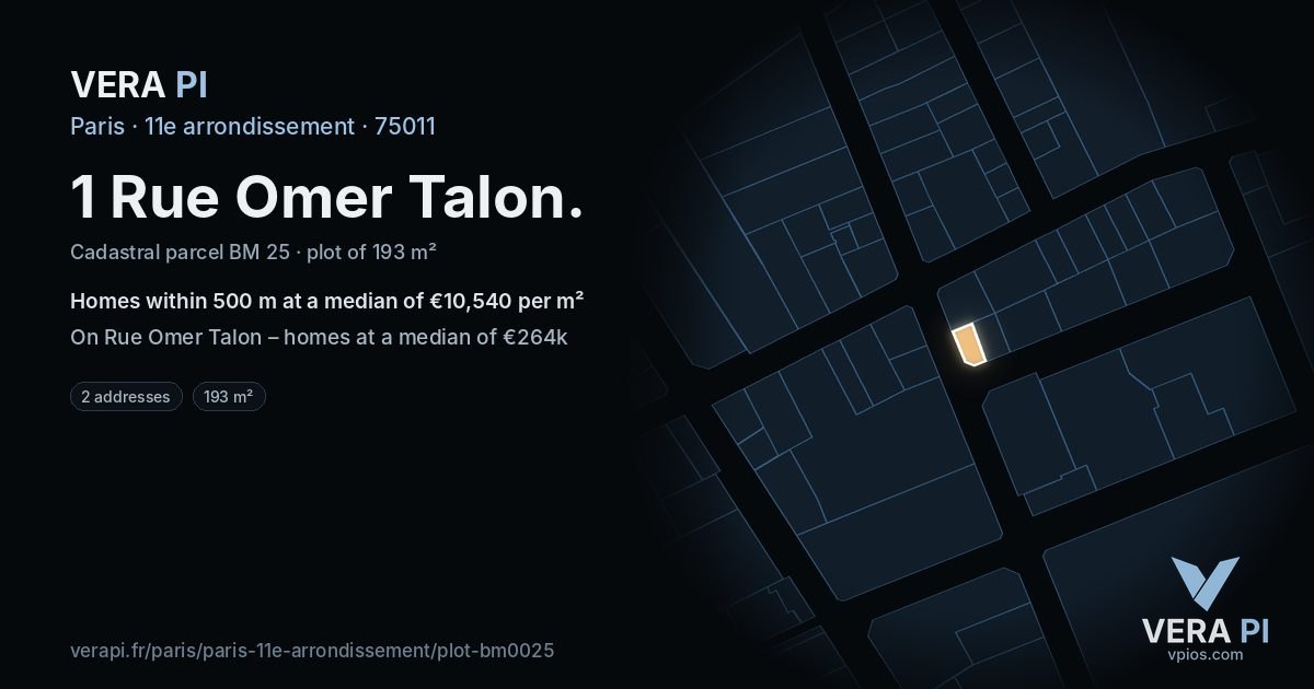 1 Rue Omer Talon, 11e arrondissement at night – the plot lit, the parcels around coloured by the prices near them