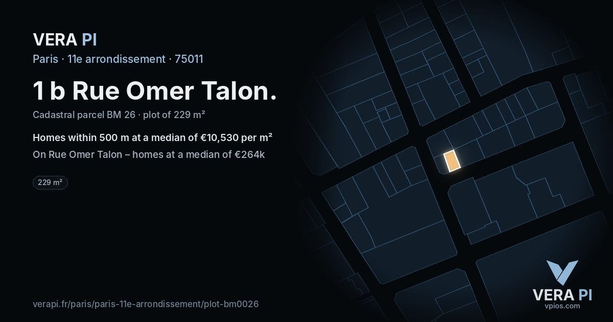 1 b Rue Omer Talon, 11e arrondissement at night – the plot lit, the parcels around coloured by the prices near them