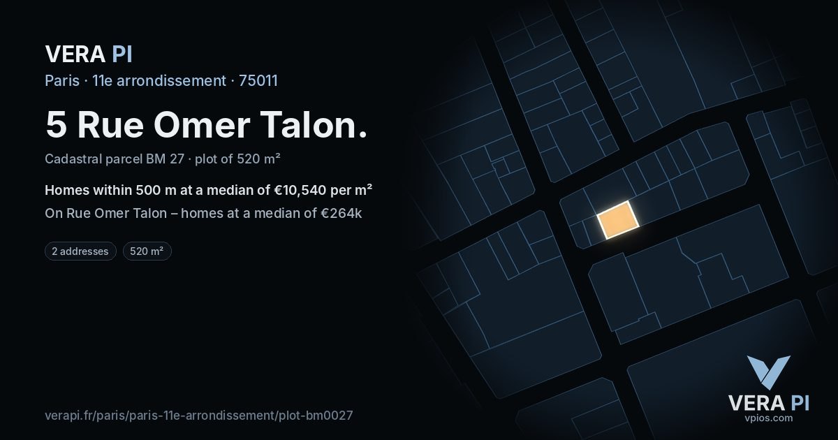 5 Rue Omer Talon, 11e arrondissement at night – the plot lit, the parcels around coloured by the prices near them